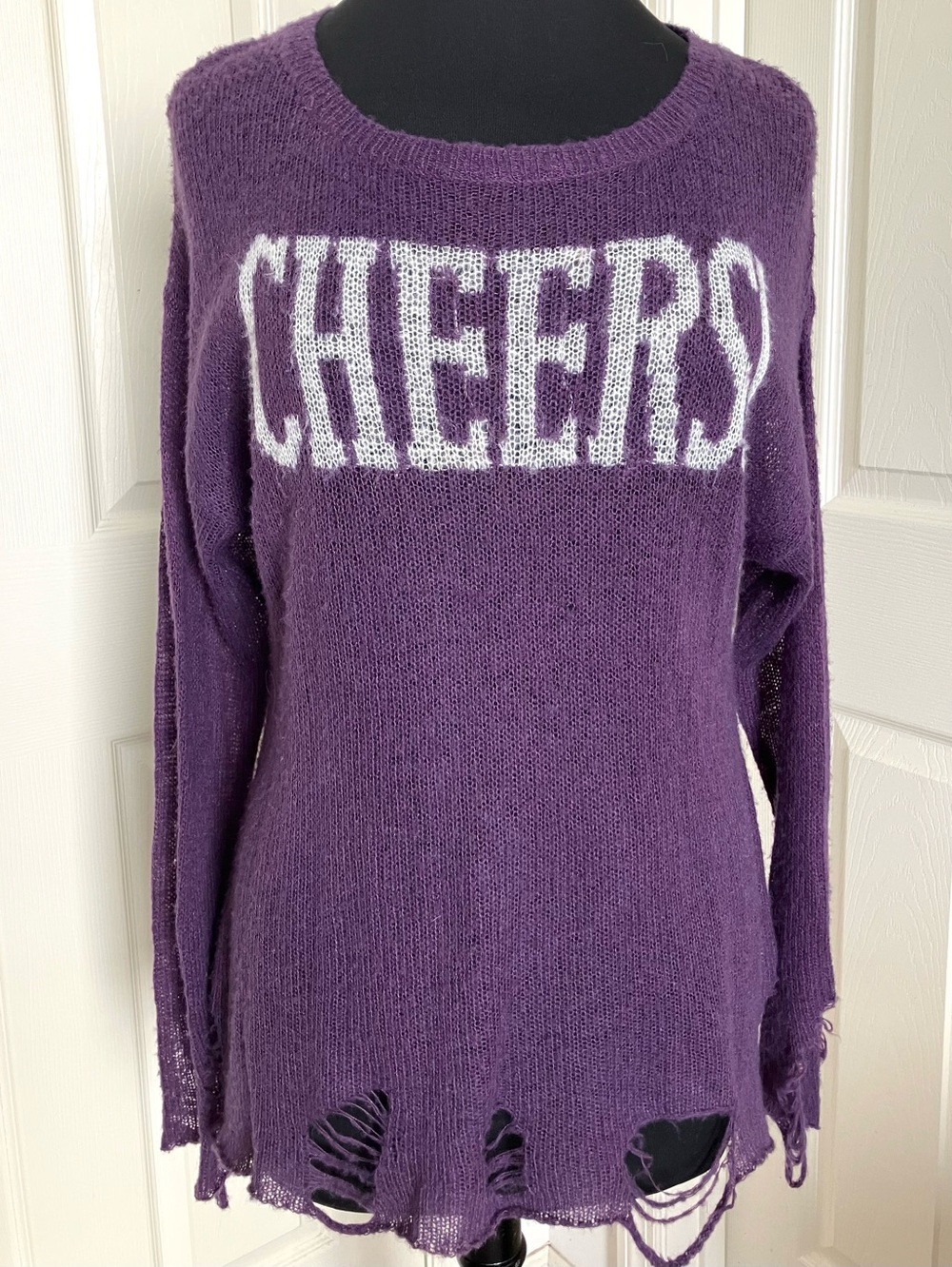 EUC Wildfox Couture White Label "Cheers” Lennon Distressed Sweater Purple Sz. S